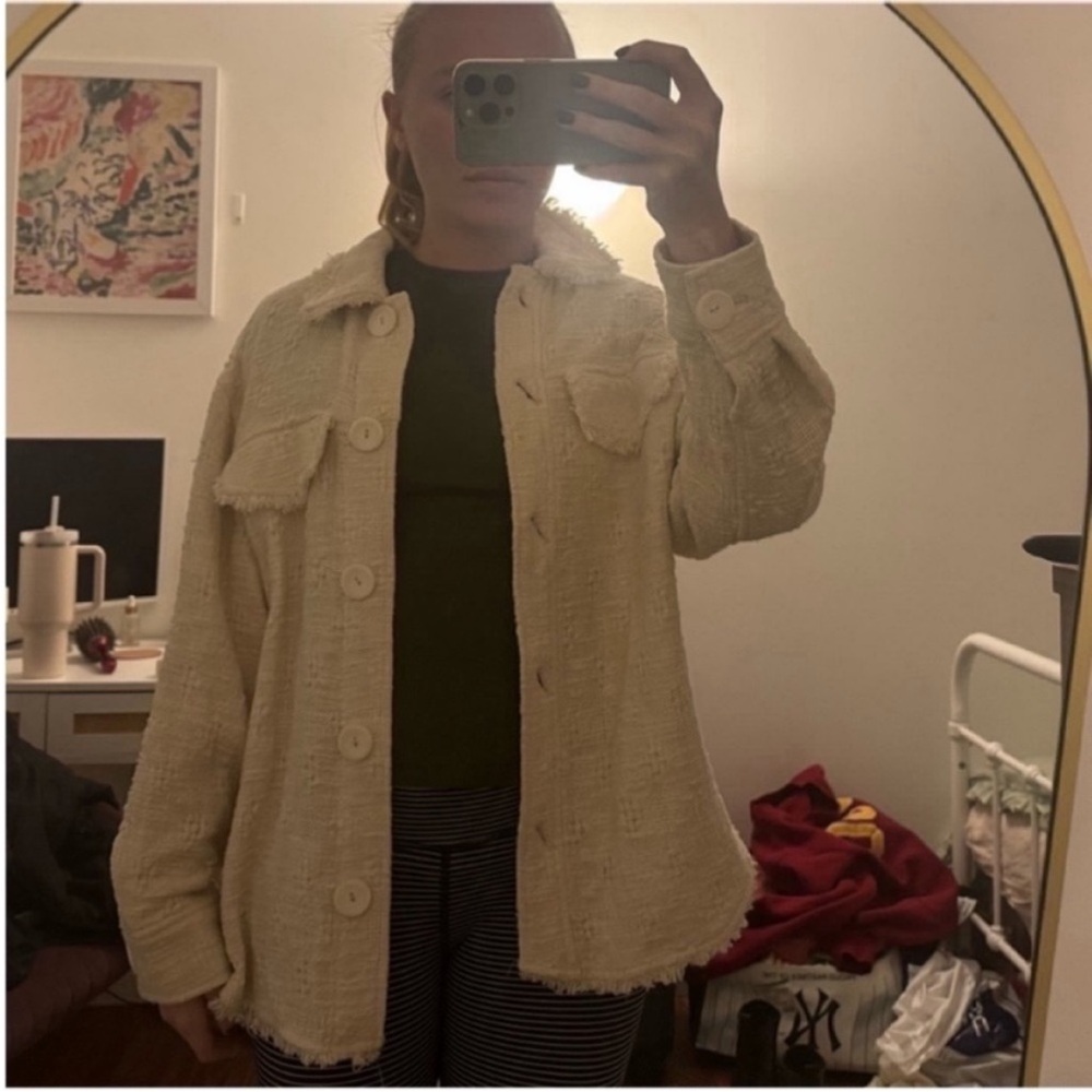 92% cotton Zara boho Cream Tweed/Linen blend button down shirt Jacket - Picture 5 of 5